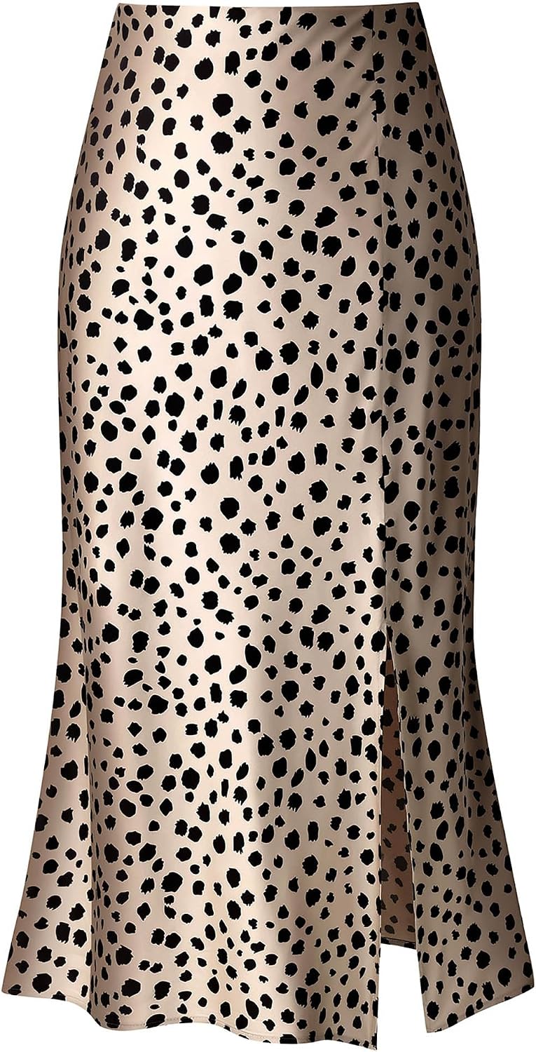Keasmto Leopard Print Skirt for Women Cheetah High Waist Silk Satin Elasticized Skirt