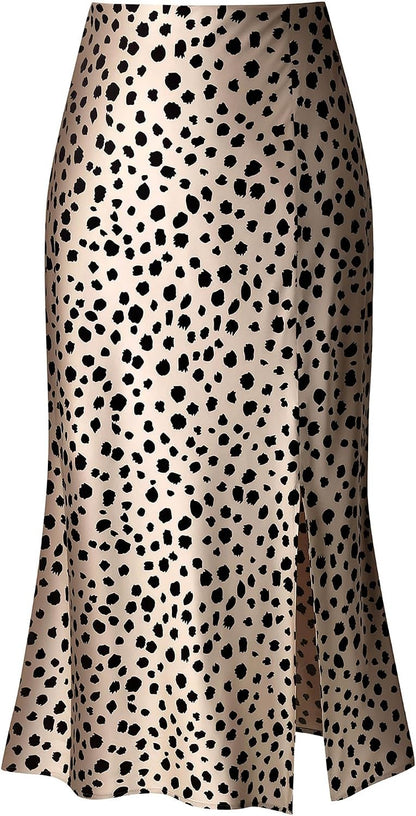 Keasmto Leopard Print Skirt for Women Cheetah High Waist Silk Satin Elasticized Skirt