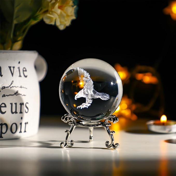 HDCRYSTALGIFTS Engraved Eagle Crystal Ball Paperweight with Stand 60mm 3D Laser Etched Bald Eagle Glass Spheres Decorative Balls(Clear)