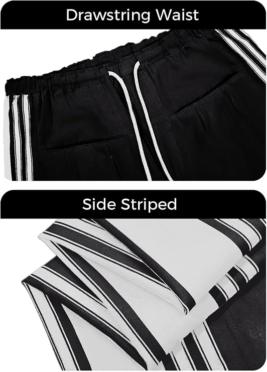 Fisoew Womens Wide Leg Pants Drawstring High Waisted Striped Baggy Palazzo Pants with Pockets