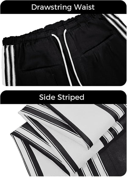 Fisoew Womens Wide Leg Pants Drawstring High Waisted Striped Baggy Palazzo Pants with Pockets