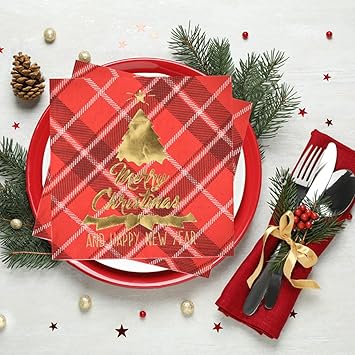 Gatherfun Christmas Party Supplies Red and Black Plaid Disposable Paper Napkins for Merry Christmas New Year Party Decorations, 50 Pack