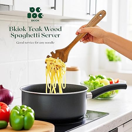 Natural Nonstick Teak Wood Pasta Fork, Noodle Spaghetti Spoon Server, Handmade Strainer Slotted Spoon Skimmer Spoons