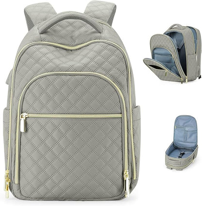 Travel Backpack for Women, Flight Approved Carry On Backpack, 15.6 Inch Laptop Backpack with USB Charging Port Water Resistant Anti-Theft Casual Daypack for Weekender Business Work, Grey Brown