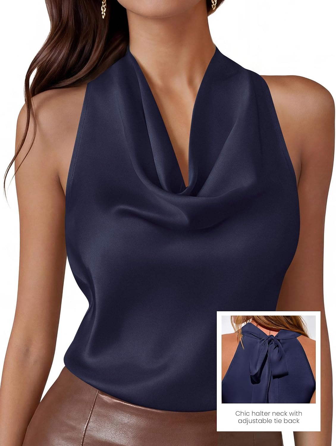 PRETTYGARDEN Silk Satin Halter Tops for Women Summer 2026 Cowl Neck Tie Back Going Out Sleeveless Business Casual Tank Top.