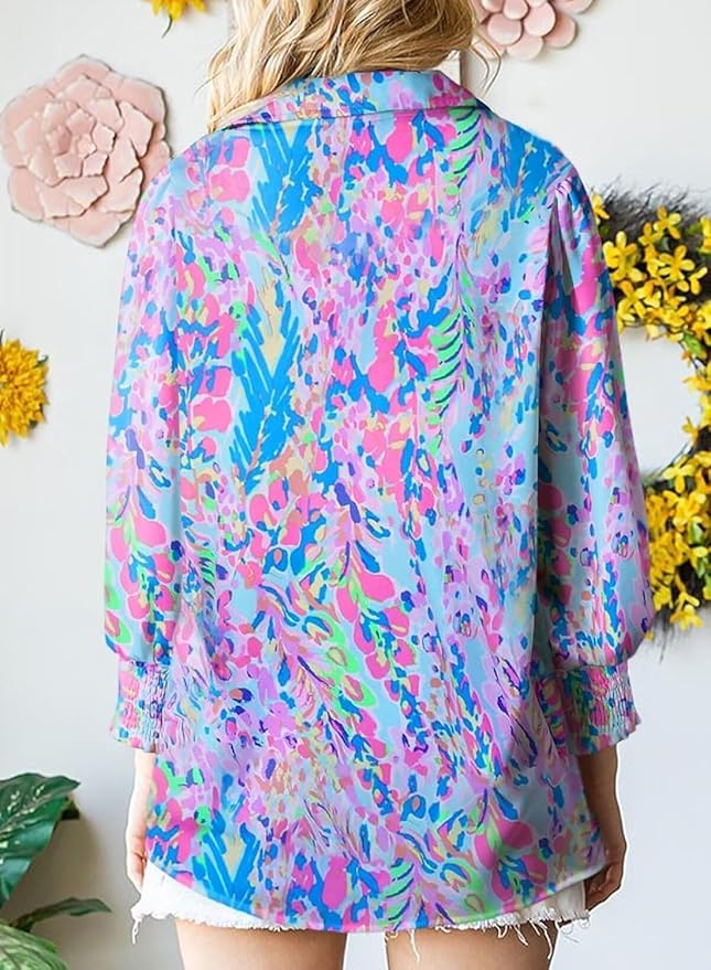 Button Down Shirts for Women Dressy Lantern Long Sleeve Blouses Printed Casual Loose Colorful Blouse Work Tops