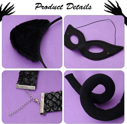 Heliltd 5pcs Cat Costume Accessories with Ears Headband Mask Gloves Necklace and Tail Cat Womens Costume for Women Cosplay Halloween Party Black