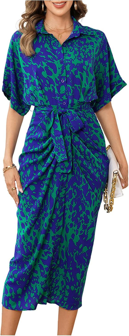 Large, MakeMeChic Women's High Waist Belted Shirt Dress High Split Printed Collar Neck Short Sleeve Midi Dress