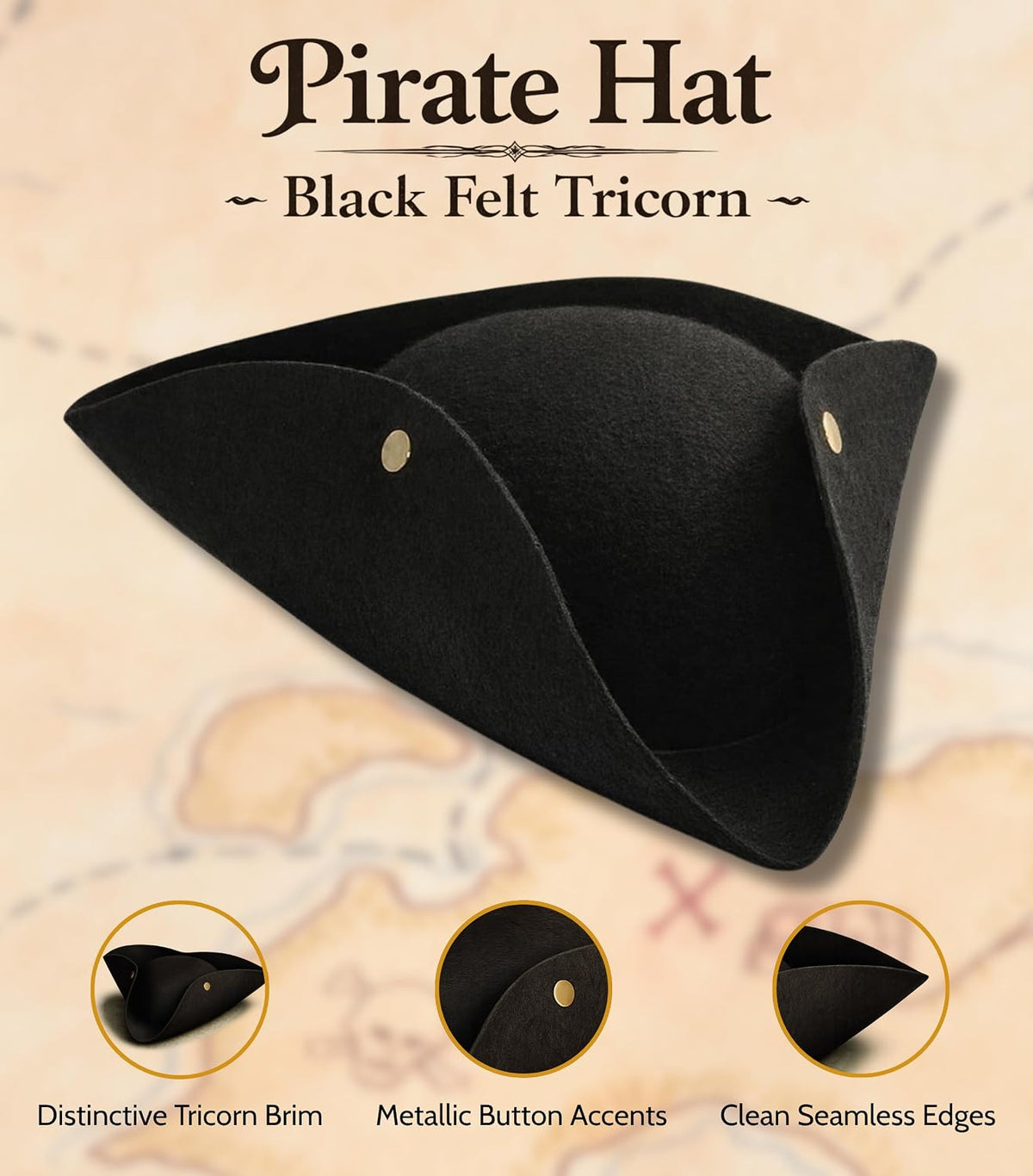 Kangaroo Pirate Hat Men Adult - Black Felt Tricorn Costume Hat for Women and Men - Musketeer Style Hat For Hallowen Cosplay Dressup Apparel