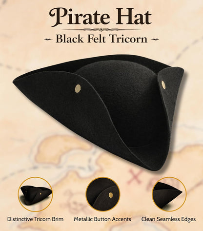 Kangaroo Pirate Hat Men Adult - Black Felt Tricorn Costume Hat for Women and Men - Musketeer Style Hat For Hallowen Cosplay Dressup Apparel