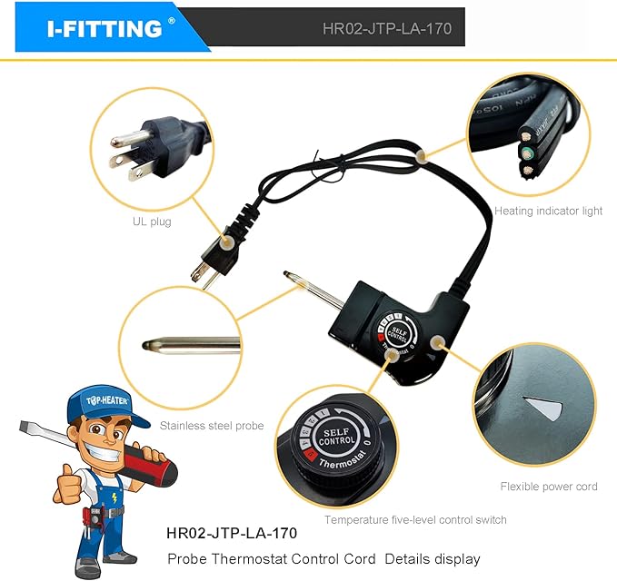 Adjustable Thermostat Probe Cord for Masterbuilt Smokers  Electric Griddles, OutdoorHousehold Electric Smoker, IFITTING Power Cord with Thermostat Control, 15A125V