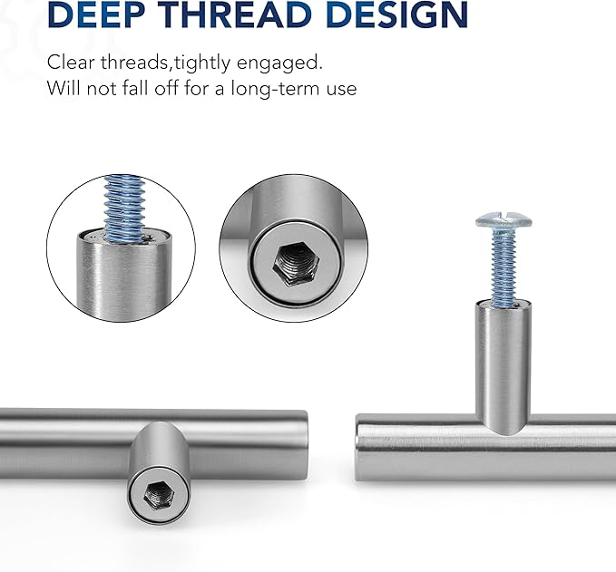 JOY DECOR 3 Pack Cabinet Handles, Brushed Nickel Cabinet Pulls, 5 in Hole Center Kitchen Cabinet Handles, Stainless Steel T Bar Handles for Dresser Drawers