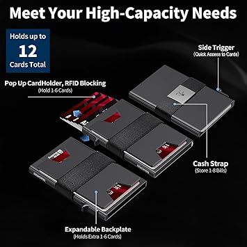 Slim Aluminum Card Holder Wallet for Men, Durable Expandable Backplate, RFID Blocking Minimalist Metal Pop Up Wallet, Holds 12 Cards Plus Cash (Black)