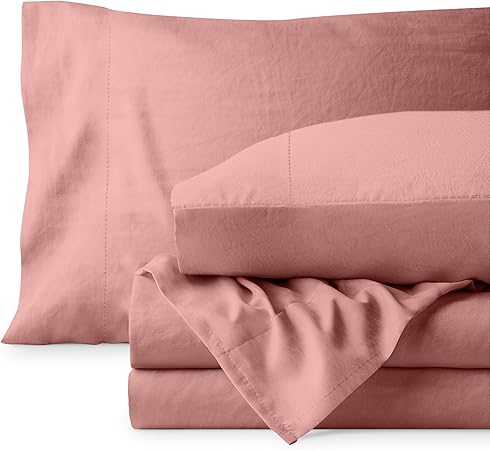 Bare Home Ultra Soft Washed Microfiber 4 Piece Sheet Set, Linen-Like Look, Easy Care, Hypoallergenic, Deep Pocket up to 15, 1 Fitted Sheet, 1 Flat Sheet, 2 Std. Pillowcases (Queen, Dusty Rose)