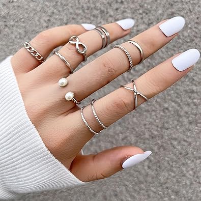 9x Bohemian Finger Ring Adjustable Band Ring Pearl Open Ring Silver Stackable Ring for Party Dress Accessory Birthday