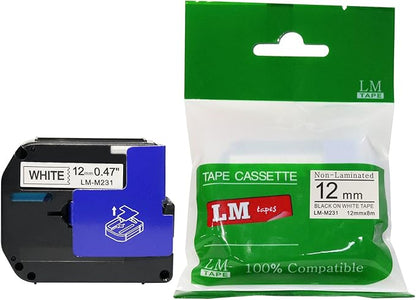 Compatible M231 1/2" (12mm) Black on White M Series P-Touch Tape - LM-M231