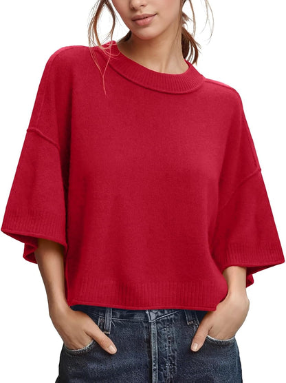 ZDC Women's Oversized Sweaters Summer Short Sleeve Casual Cropped Tops Lightweight Loose Fit Knit Pullover