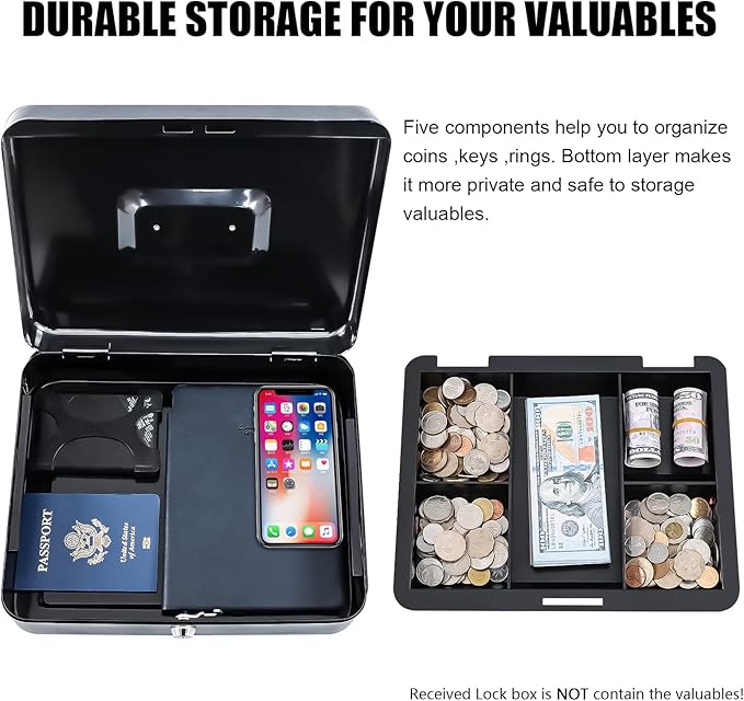 KYODOLED Metal Cash Box with Money Tray and Lock,Money Box with Cash Tray,Cash Drawer, Black X Large
