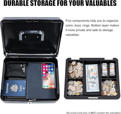 KYODOLED Metal Cash Box with Money Tray and Lock,Money Box with Cash Tray,Cash Drawer, Black X Large