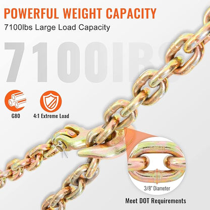 VEVOR Transport Binder Chain, 38''x20' Tow Chain with Grab Hooks, 7100lbs Safe Working Load, G80 Heavy Duty Chain, Logging Chain for Transporting Towing, Tie Down Binding Equipment
