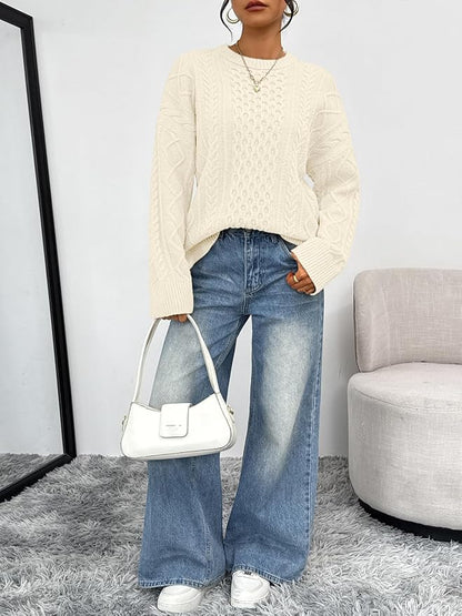Trendy Queen Womens Oversized Cable Knit Sweaters 2026 Fall Fashion Outfits | Crewneck Fall Fashion Clothes Winter Clothing, Chunky Knit Texture, Cute Holiday Outfit Pullover Tops, Easy Layering Piece