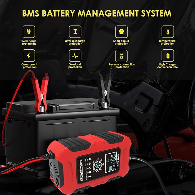 Battery Trickle Charger 12V  24V,10-Amp Multifunctional Battery Charger WetGELSLALiFePO4Lead-AcidAGM Batteries,7-Stage Quick Charger Truck Motorcycle Car ATV Lawn mower RV Tractor, Red
