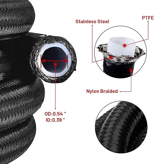 8AN 20FT PTFE Fuel Line Hose, E85 Stainless Steel Nylon Braided Fuel Hose Compatible with all Automotive Fuels, Lubricants, and Coolant - Black