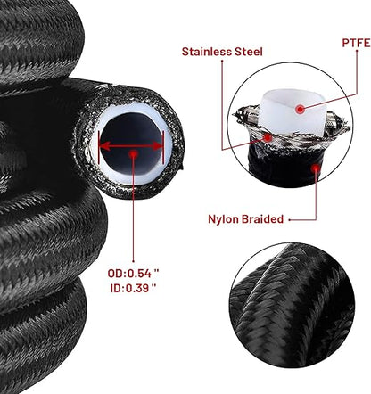 8AN 20FT PTFE Fuel Line Hose, E85 Stainless Steel Nylon Braided Fuel Hose Compatible with all Automotive Fuels, Lubricants, and Coolant - Black