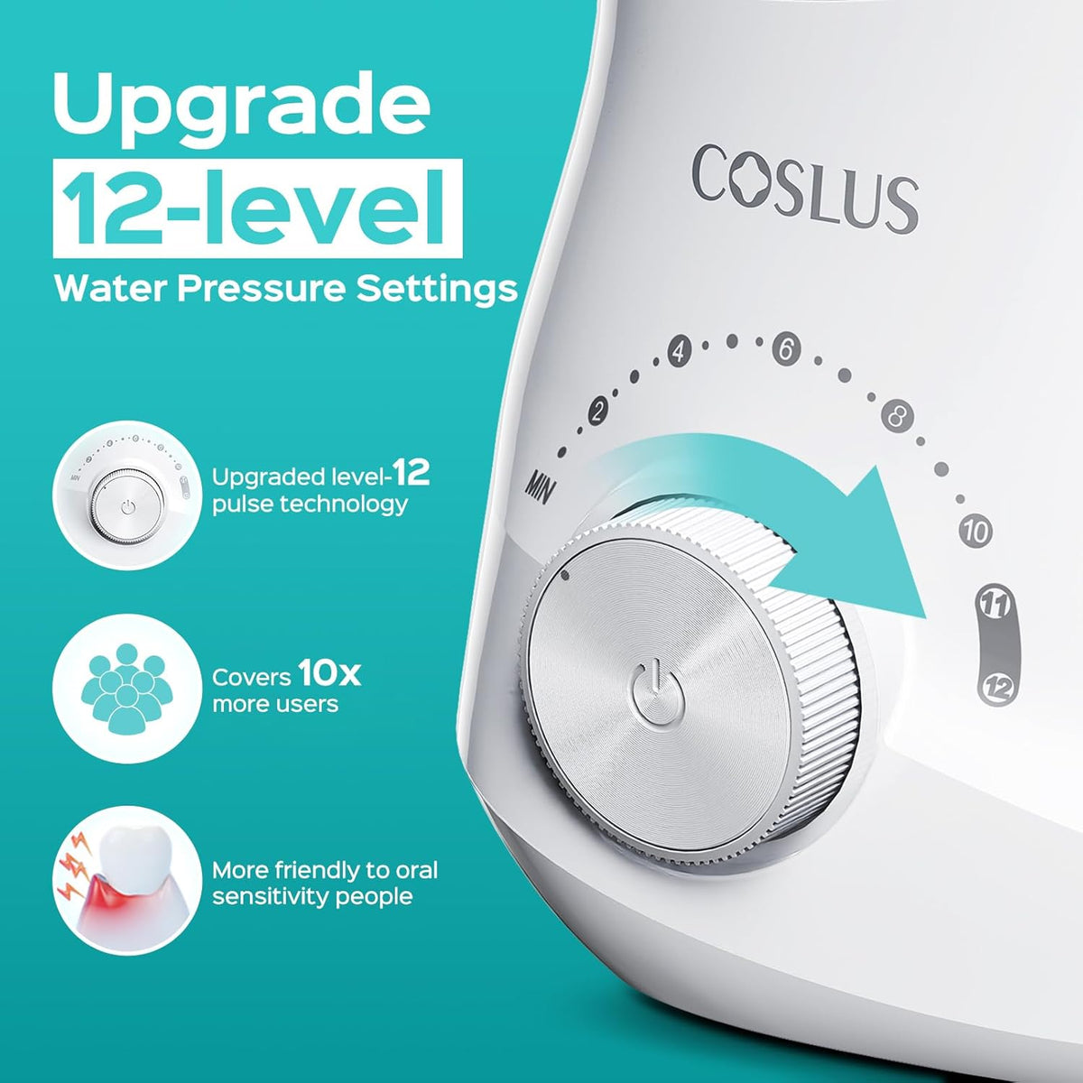 COSLUS E1 Electric Water Flosser for Teeth: Professional Dental Pick for Orthodontic, Sensitive Gums, Braces - 12 Pressure Settings & ??5 Multi-Functional Tips for Multiple Users, Home Use, White (Does Not Include The Toothbrush Attachment)