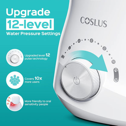 COSLUS E1 Electric Water Flosser for Teeth: Professional Dental Pick for Orthodontic, Sensitive Gums, Braces - 12 Pressure Settings & ??5 Multi-Functional Tips for Multiple Users, Home Use, White (Does Not Include The Toothbrush Attachment)