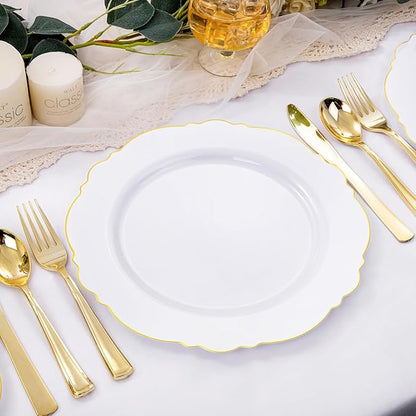 WDF 60pcs Gold Plastic Plates Gold Rimmed Plastic Plates -10.25inch Baroque White And Gold Plastic Wedding Plates Disposable Dinner Plates for Upscale Parties &Wedding