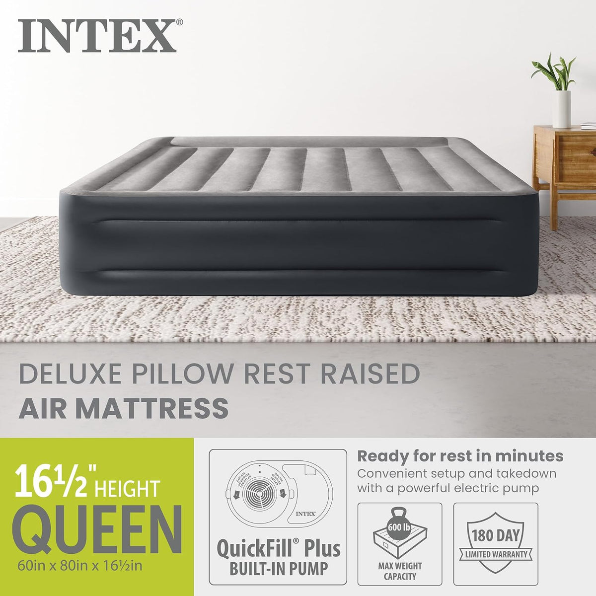 Intex Dura-Beam Plus Deluxe 16.5" Queen Air Mattress with Built-in Pump 64135ED - Deluxe Pillow Rest Portable Inflatable Bed for Camping, Travel & Guests