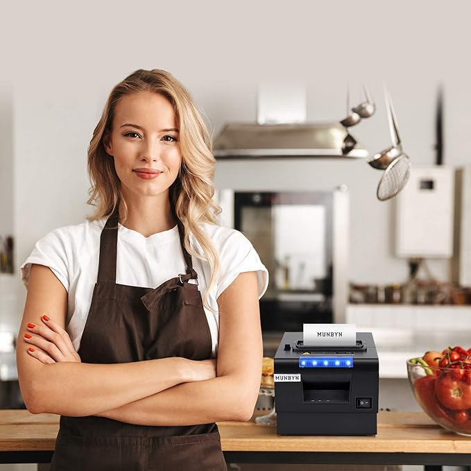 MUNBYN Receipt Printer P068, 3 18" 80mm Direct Thermal Printer, POS Printer with Auto Cutter - Receipt Printer with USB Serial Ethernet Windows Driver ESCPOS Support Cash Drawer