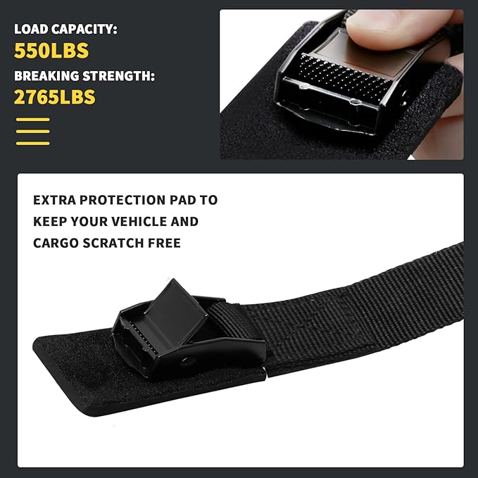 Tie Down Straps with Cam Buckle, Lock Hook Padded Lashing Strap 2765 Lbs Break Strength for Cargo, Motorcycle, Truck, Boat, Dirt Bike, Mattress, Cooler Kit(1" x 12')