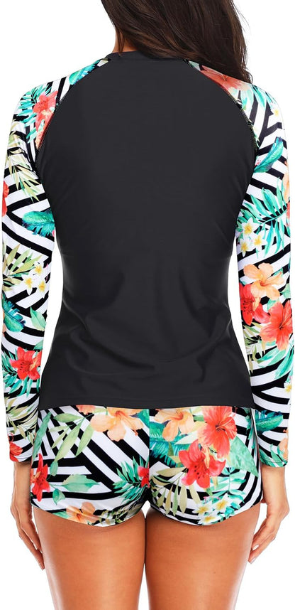Daci Women Two Piece Rash Guard Long Sleeve Swimsuits with Short UPF 50+ | UPF 50+,High Waisted Short,Long Sleeve,High Neck,Built-in Brief,Quick Dry