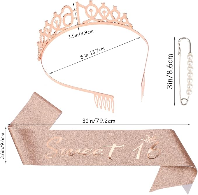 16th Birthday Crown and Sash Kit- "Sweet 16"Birthday Decorations 16th Birthday Party Gifts Birthday Party Supplies for Girls (rose gold)