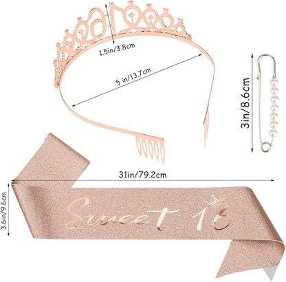 16th Birthday Crown and Sash Kit- "Sweet 16"Birthday Decorations 16th Birthday Party Gifts Birthday Party Supplies for Girls (rose gold)