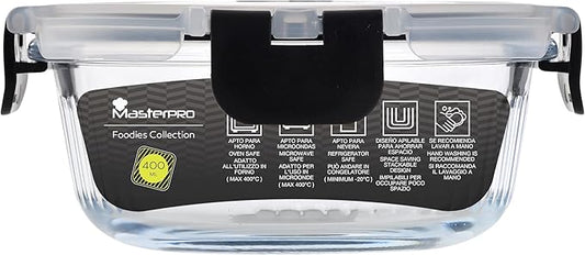 MasterPRO Foodies Round Storage Container, 400ml, Borosilicate Glass, BPA Free, Microwave Safe