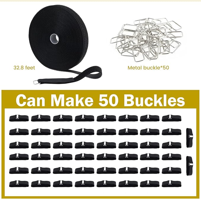 Hook and Loop Straps, Adjustable Nylon Fastening Cable Straps, Freely Cuttable Securing Cord Ties with 50Pcs Metal Buckles, Strong Load Bearing Heavy Duty Adhesive Tape Firm Bonding for DIY