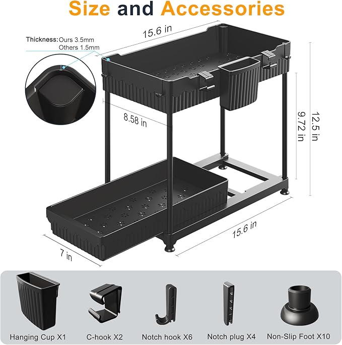 2 Pack Under Sink Organizers and Storage, 2 Tier Sliding Bathroom organizer,Multi-Use Under Kitchen Cabinet Storage Shelf (Black 2Pack)