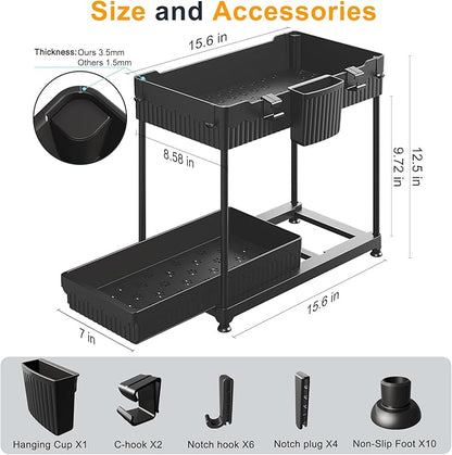 2 Pack Under Sink Organizers and Storage, 2 Tier Sliding Bathroom organizer,Multi-Use Under Kitchen Cabinet Storage Shelf (Black 2Pack)