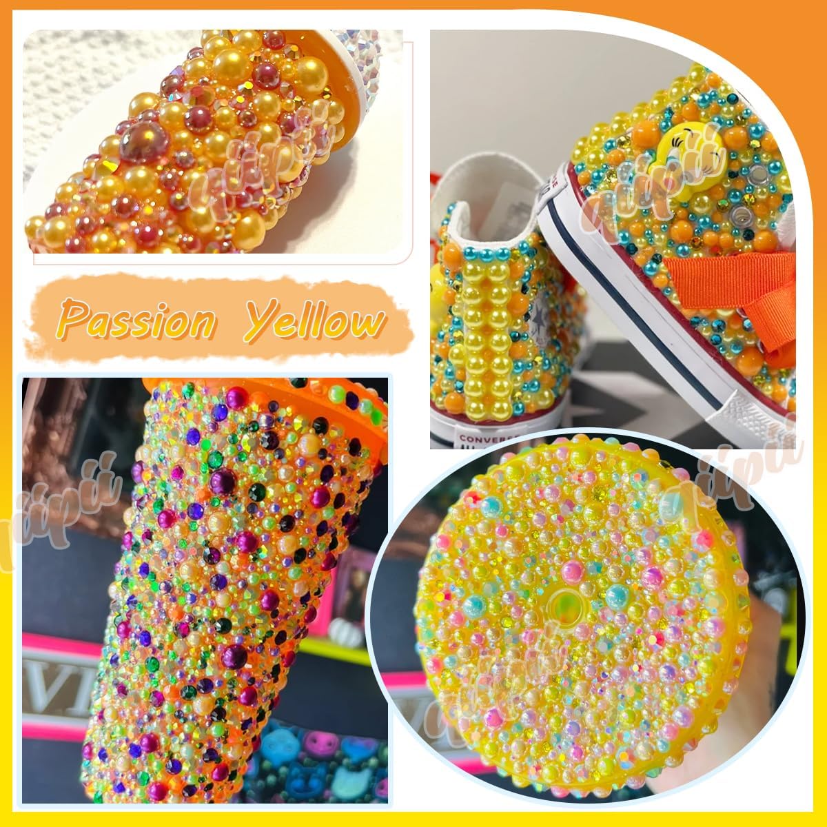 qiipii Bright Orange 3mm-10mm Flatback Pearls and Rhinestones w B7000 Jewelry Glue for Bedazzling Crafting Half Pearls Resin Stones Diamonds Bedazzler Kit for Nails Face Eyes Makeup Tumblers Bottles