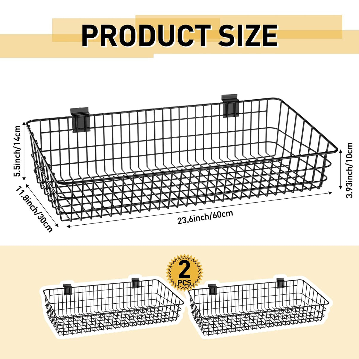 2 Pcs Slatwall Baskets for Slatwall,23.6 Inch Width Metal Heavy Duty Wire Mounted Hanging Basket Storage Display Basket for Retail,Garage,Office,Sports,Toys,and More,Black