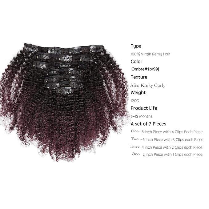 Ombre Remy Clip in Human Hair Extensions Afro Kinky Curly For Black Women 4A 4B 100 Human Hair Clip ins Two Tone 1B99J Burgundy Wine Red Full Head (10 inch,T1B99J AC)