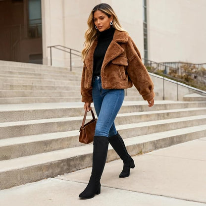 Soft suede upper, faux fur lining, zipper closure for classic, fashionable, warm, and comfortable knee-high boots.