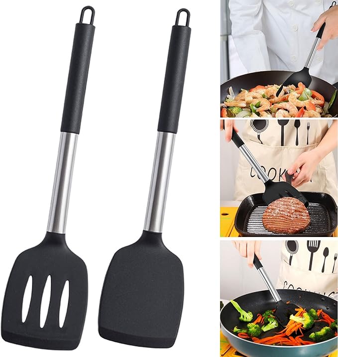 2Pcs Silicone Spatula Slotted Cooking Spatula Food Grade Heat Resistant Dishwasher Safe Frying Fish Eggs Non-stick Pot Cooking Turner Cookware Utensils Kitchen Supplies Black