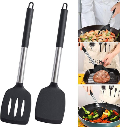 2Pcs Silicone Spatula Slotted Cooking Spatula Food Grade Heat Resistant Dishwasher Safe Frying Fish Eggs Non-stick Pot Cooking Turner Cookware Utensils Kitchen Supplies Black