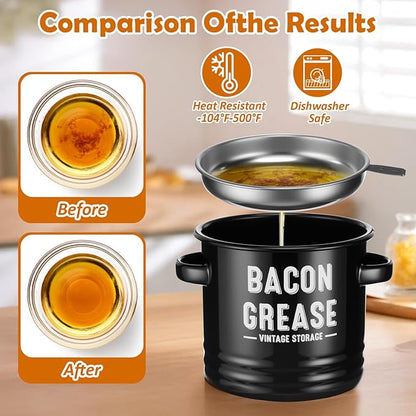 Bacon Grease Saver with Strainer 41oz 1. 2L Large Stainless Steel Grease Container with Silicone Spatula Farmhouse Black Enamel Oil Keeper Can for Kitchen Fat Storage, Dishwasher Safe
