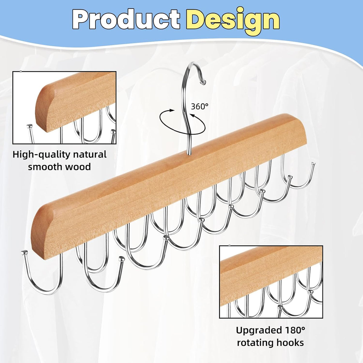 2 Pack Hat Hangers for Closet, 14 Hook Cap Organizer, Wood No Assembly, Double-Sided Hooks, Rotates 360°, Hardwood And Stainless Steel, For Caps, Belts, Ties, And Scarves