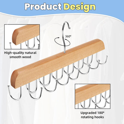 2 Pack Hat Hangers for Closet, 14 Hook Cap Organizer, Wood No Assembly, Double-Sided Hooks, Rotates 360°, Hardwood And Stainless Steel, For Caps, Belts, Ties, And Scarves